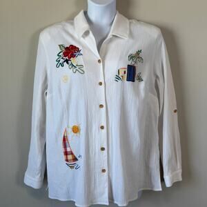 Vintage Koret Embroidered Button Down Blouse 22W White Long Sleeve Artsy Grandma